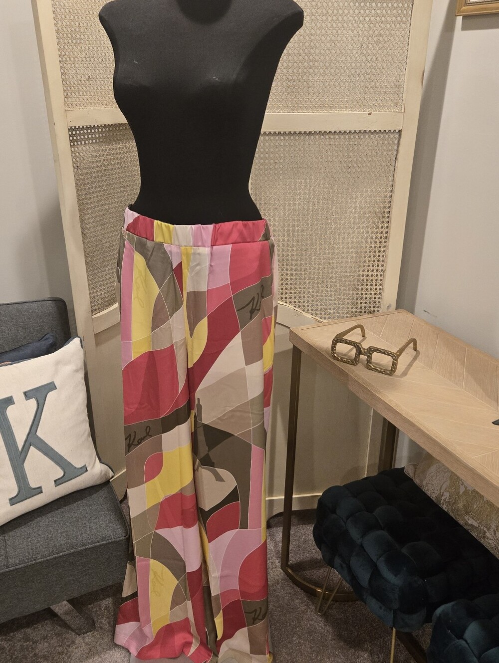 Karl Lagerfeld Pink, Yellow & Cream Wide-Leg Printed Palazzo Pants